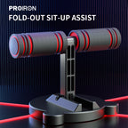 Black PROIRON foldable sit-up aid with red-trimmed foam support and suction base