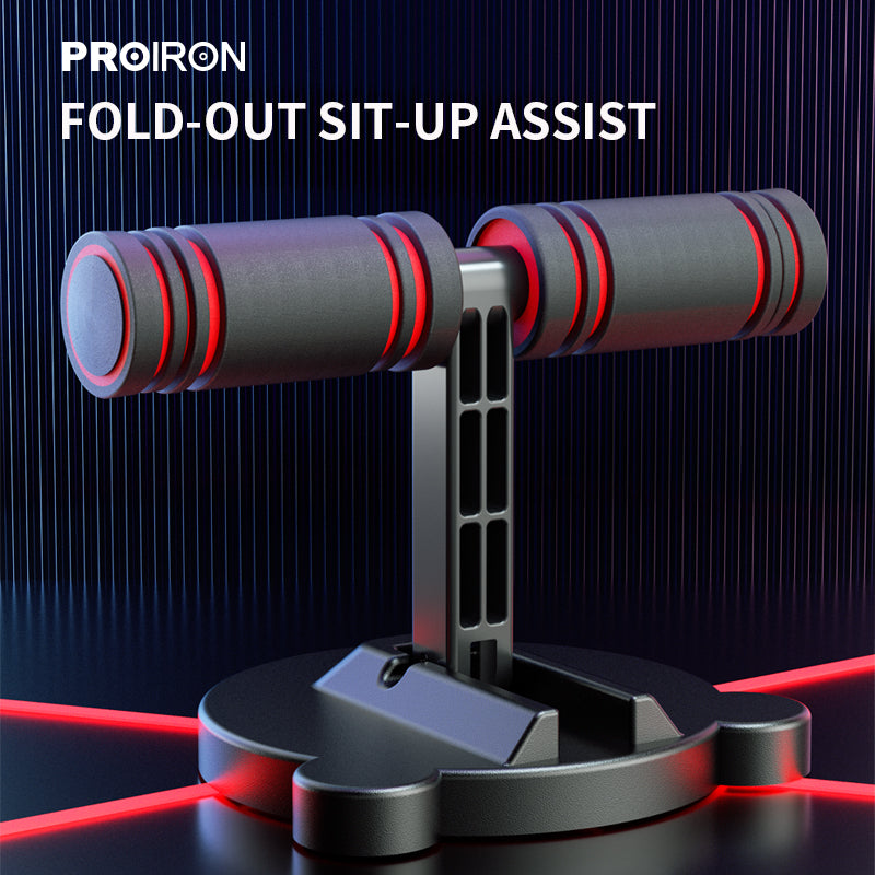 Black PROIRON foldable sit-up aid with red-trimmed foam support and suction base