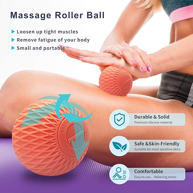 Pink PROIRON massage ball construction and leg massage example