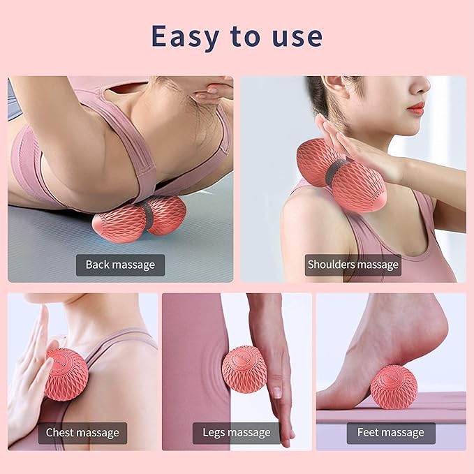 Pink PROIRON massage ball used against a wall and on the floor