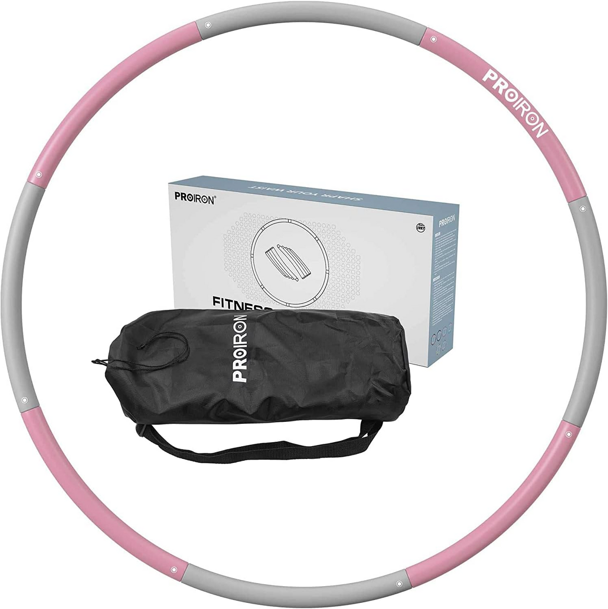 Pink and grey PROIRON 0.95 kg weighted hula hoop with carrying bag