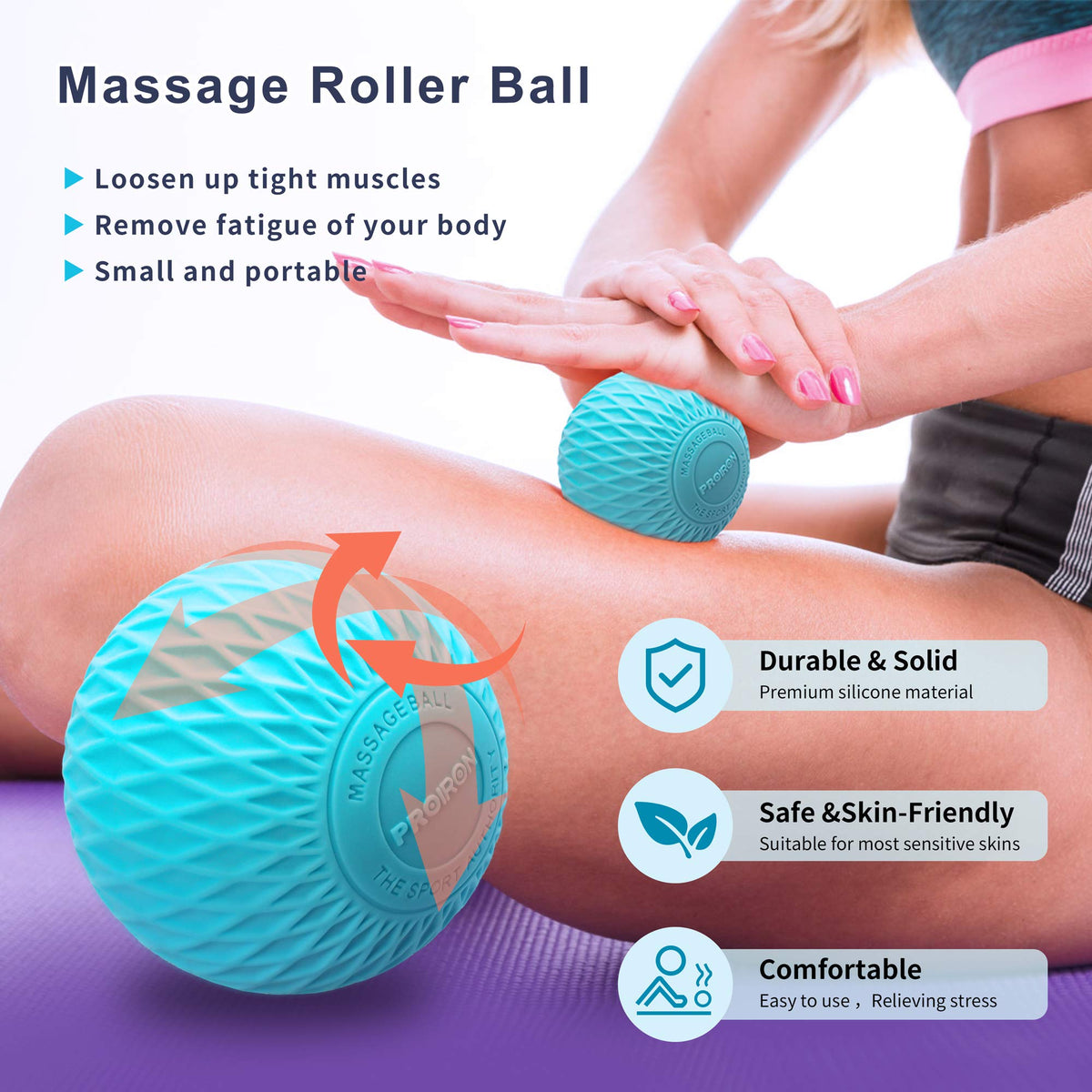 Blue PROIRON massage ball construction and leg massage example