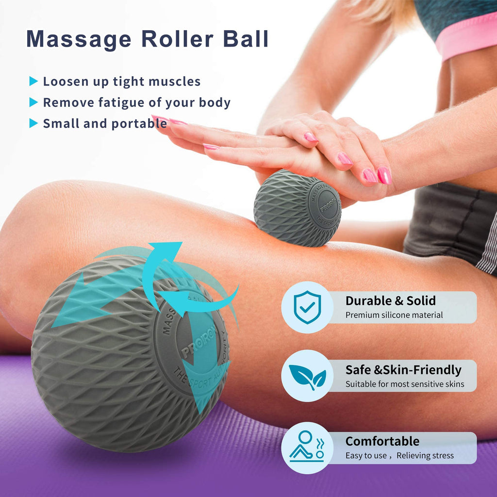 Grey PROIRON massage ball construction and leg massage example