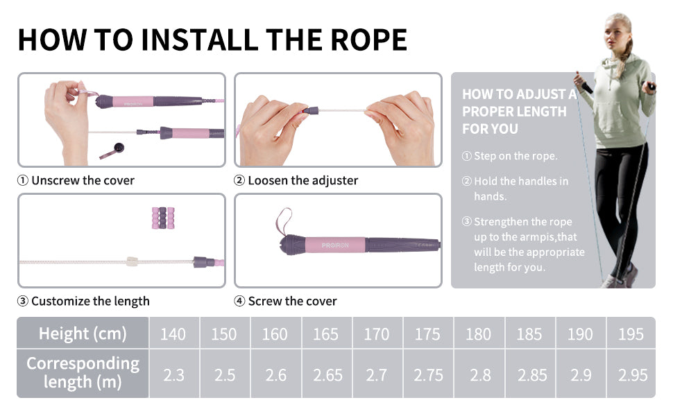 Assembly and length adjustment guide for the PROIRON beaded jump rope