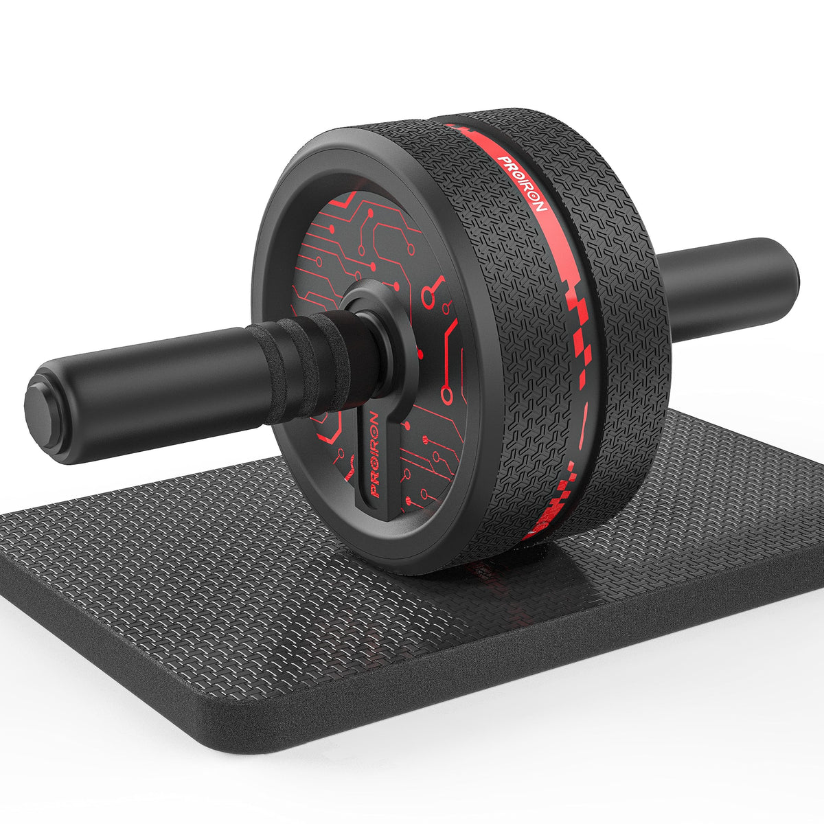 Black PROIRON ab roller wheel with foam handles shown on a knee pad