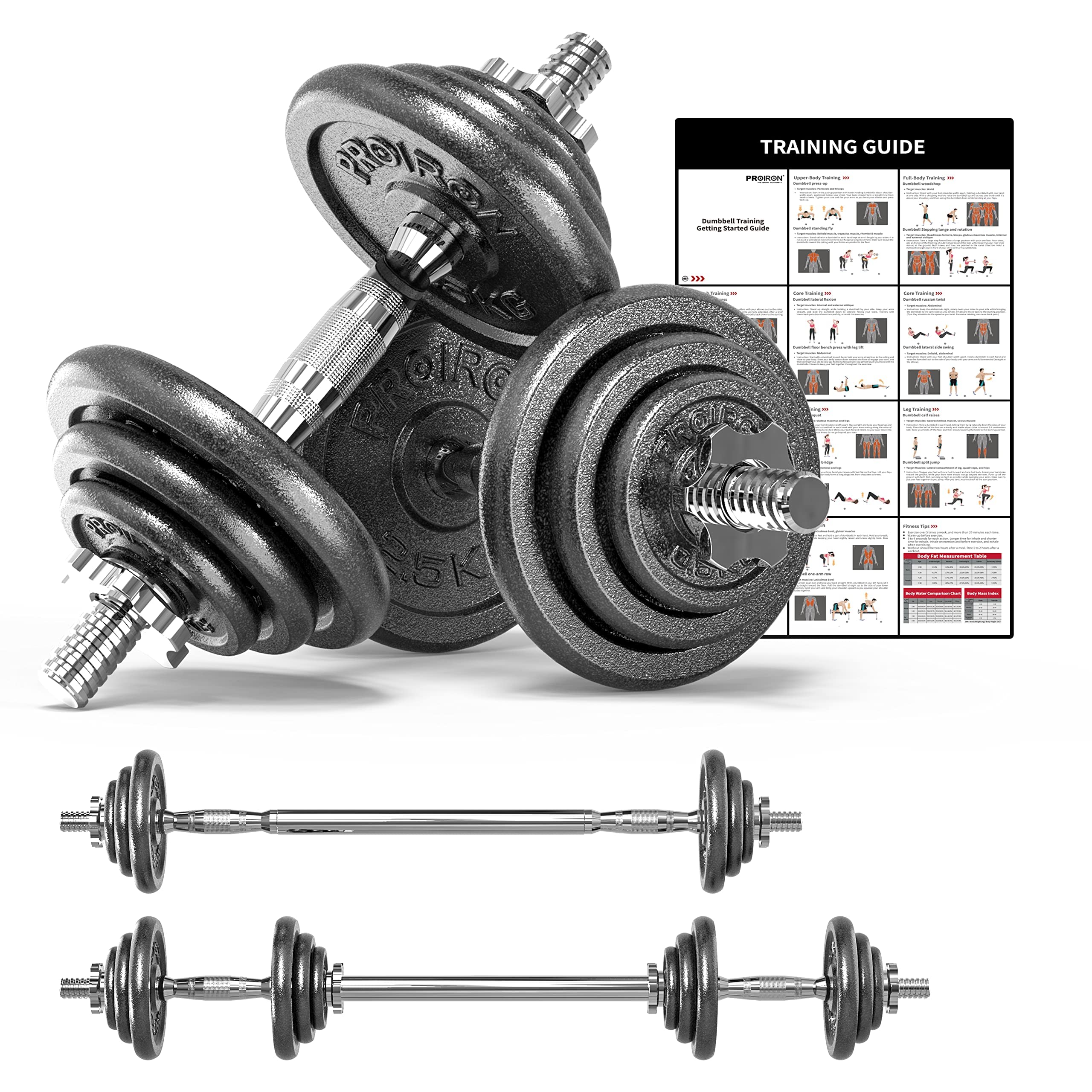 PROIRON Cast Iron Adjustable Dumbbell Set (20kg, 30kg) | Solid Steel | Warsaw Stock