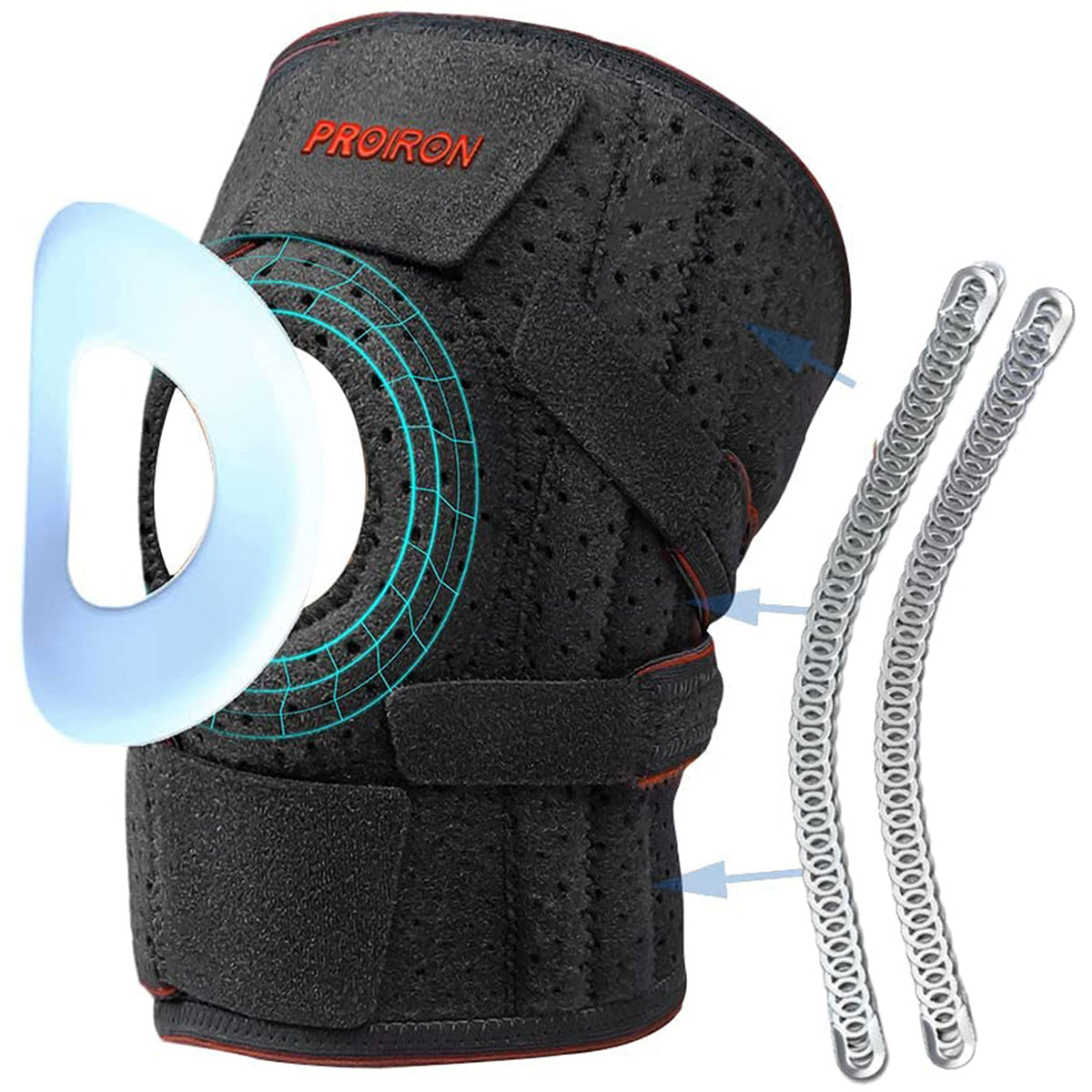 PROIRON black and orange adjustable knee support with padded ring and side springs