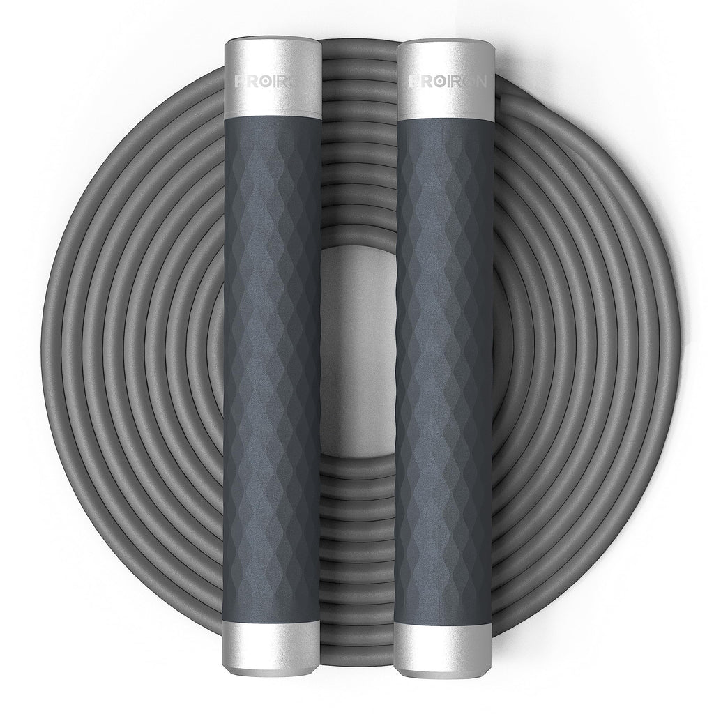 Black PROIRON weighted jump rope with aluminium handles and silicone grips