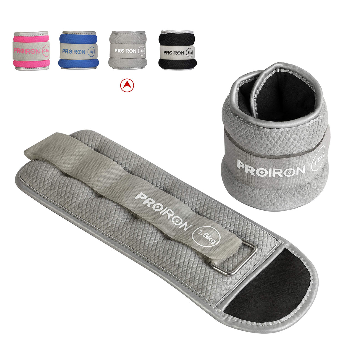 Grey PROIRON wrist and ankle weights, 1.5 kg each: Pair of wrist and ankle weights