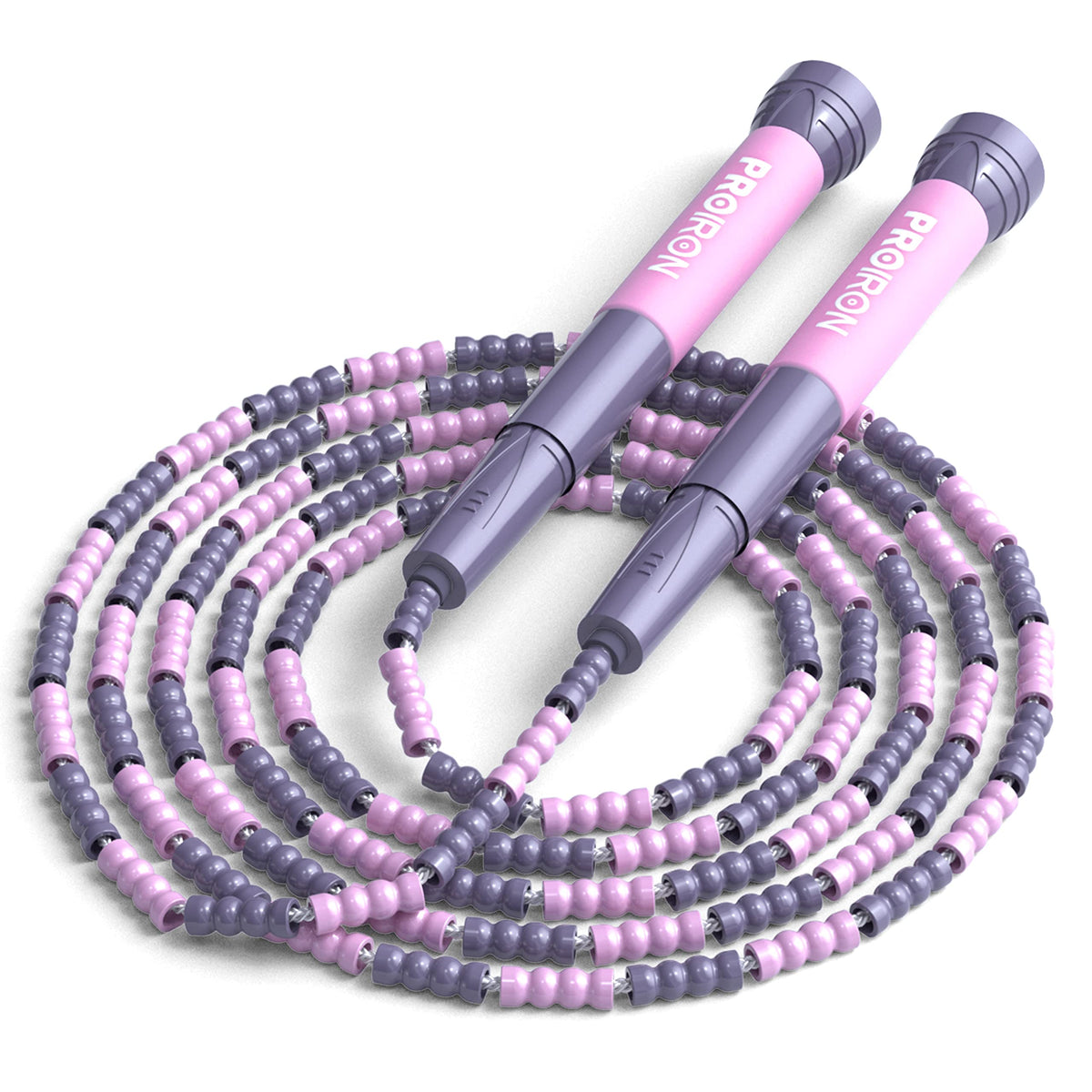 Pink and purple PROIRON soft beaded jump rope with silicone-covered handles