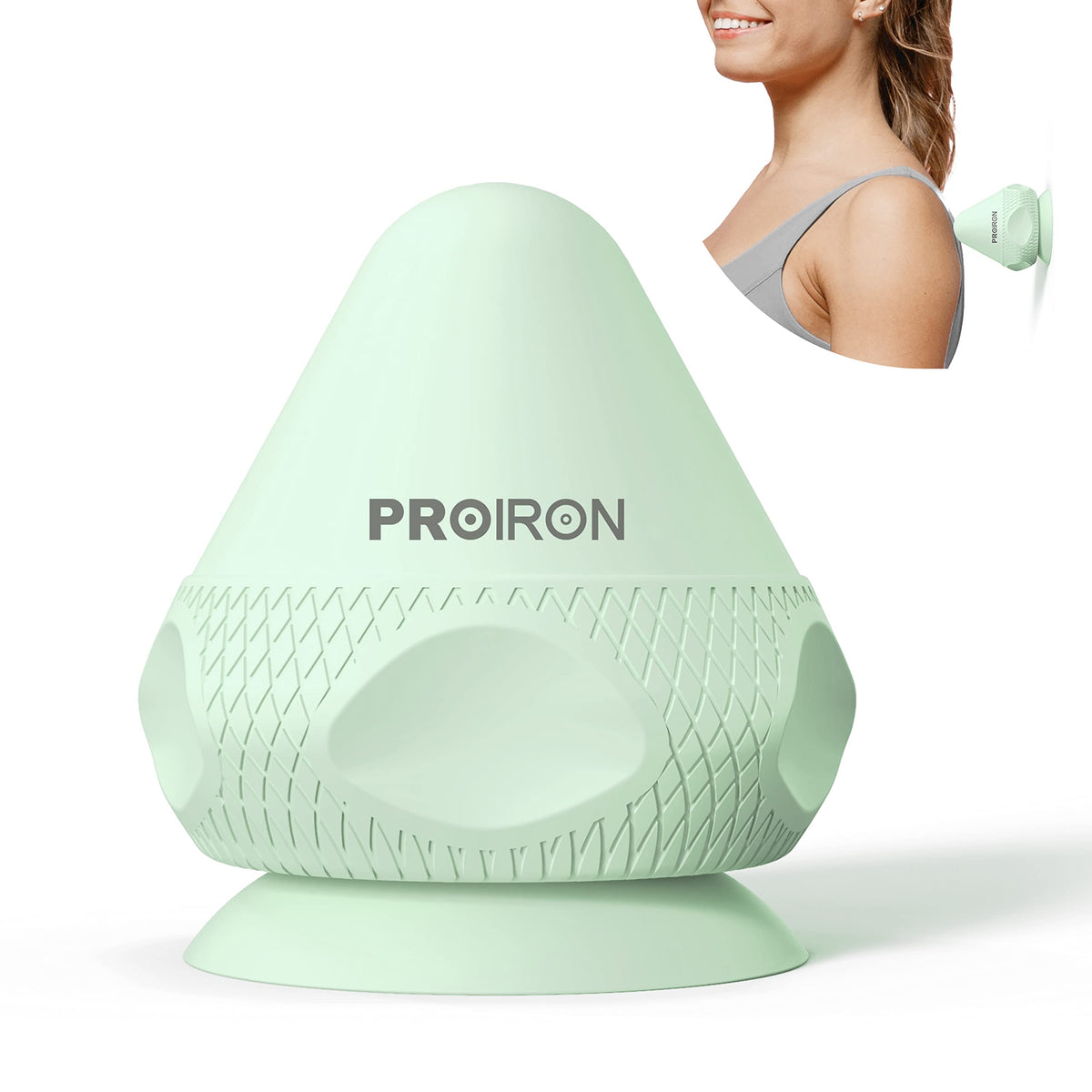 Green PROIRON silicone suction cup massage ball with rounded head and integrated base