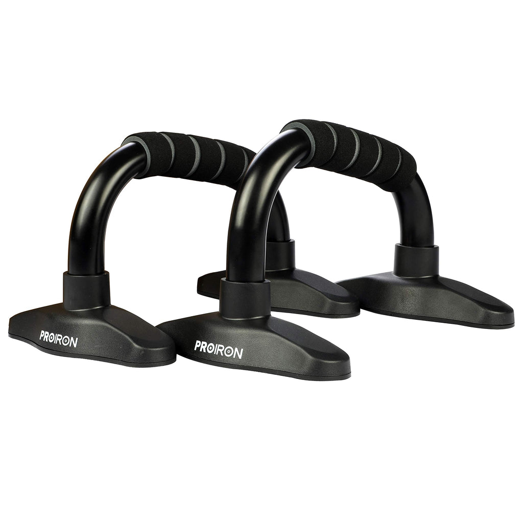 Pair of black PROIRON push-up bars with steel frames and foam grips