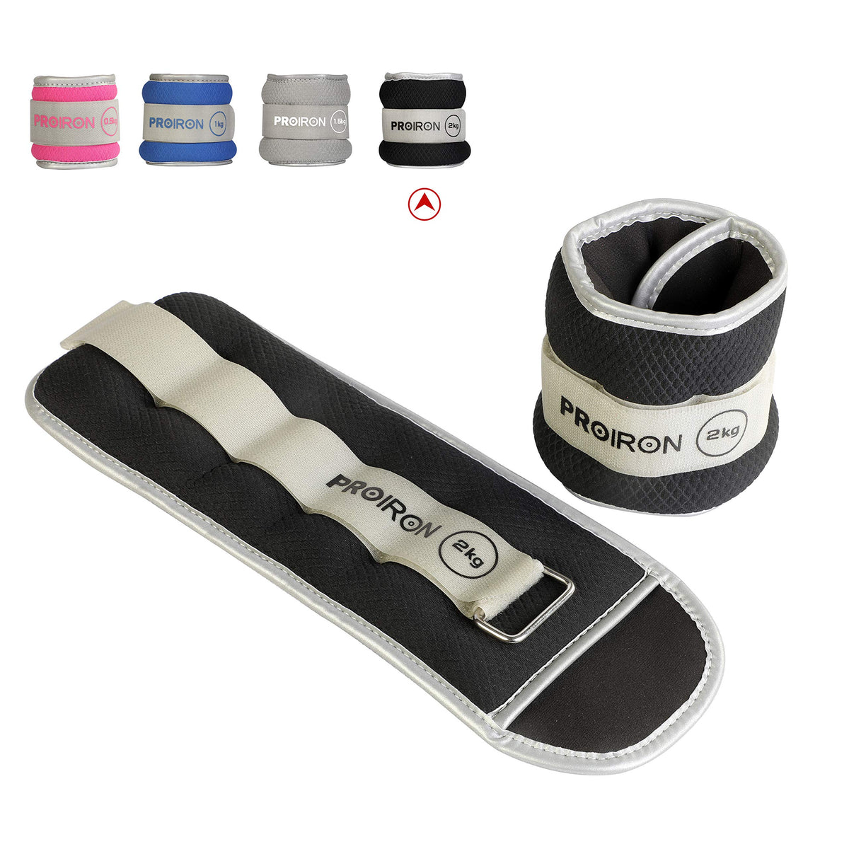 Black PROIRON wrist and ankle weights, 2 kg each: Pair of wrist and ankle weights