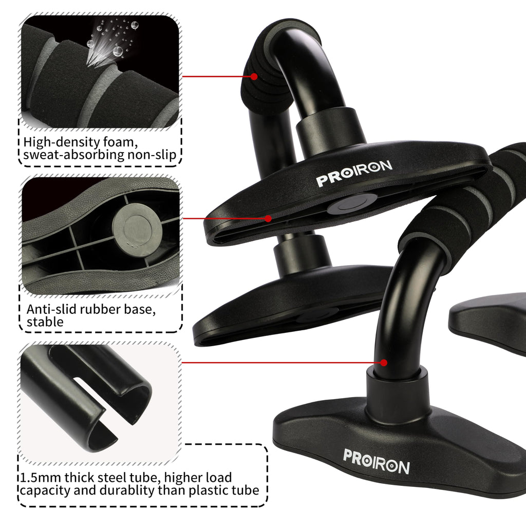 PROIRON push-up bar foam grip, TPR base and steel tube details