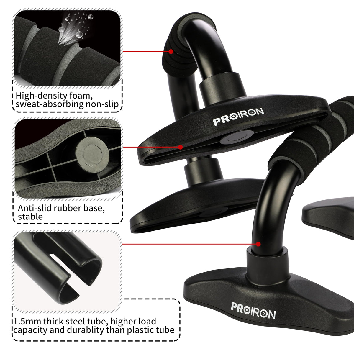PROIRON push-up bar foam grip, TPR base and steel tube details