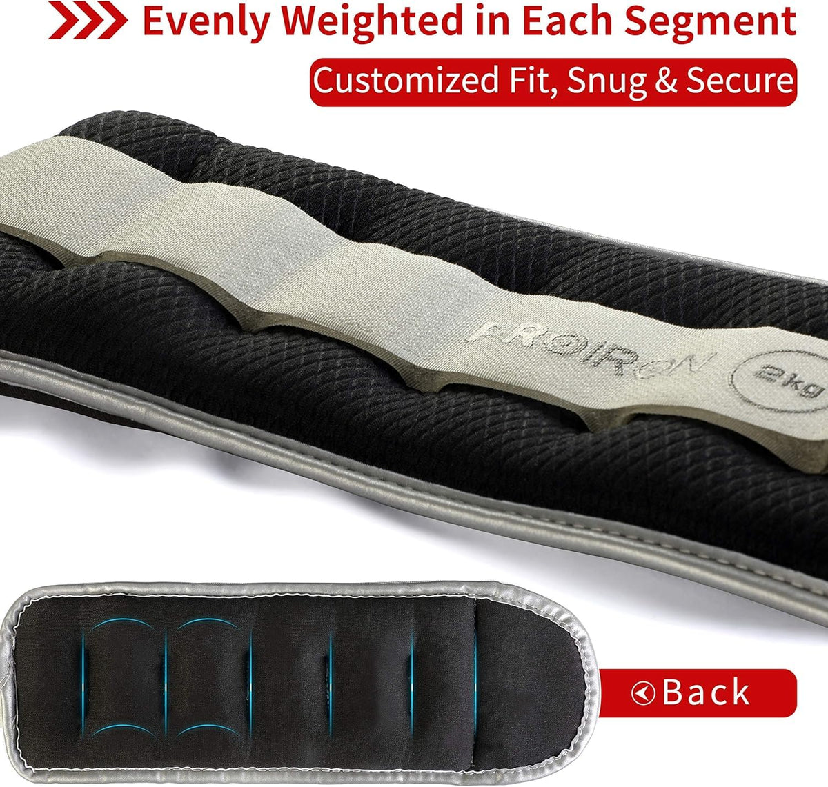 Black PROIRON wrist and ankle weights, 2 kg each: Segmented compartments and fastening strap