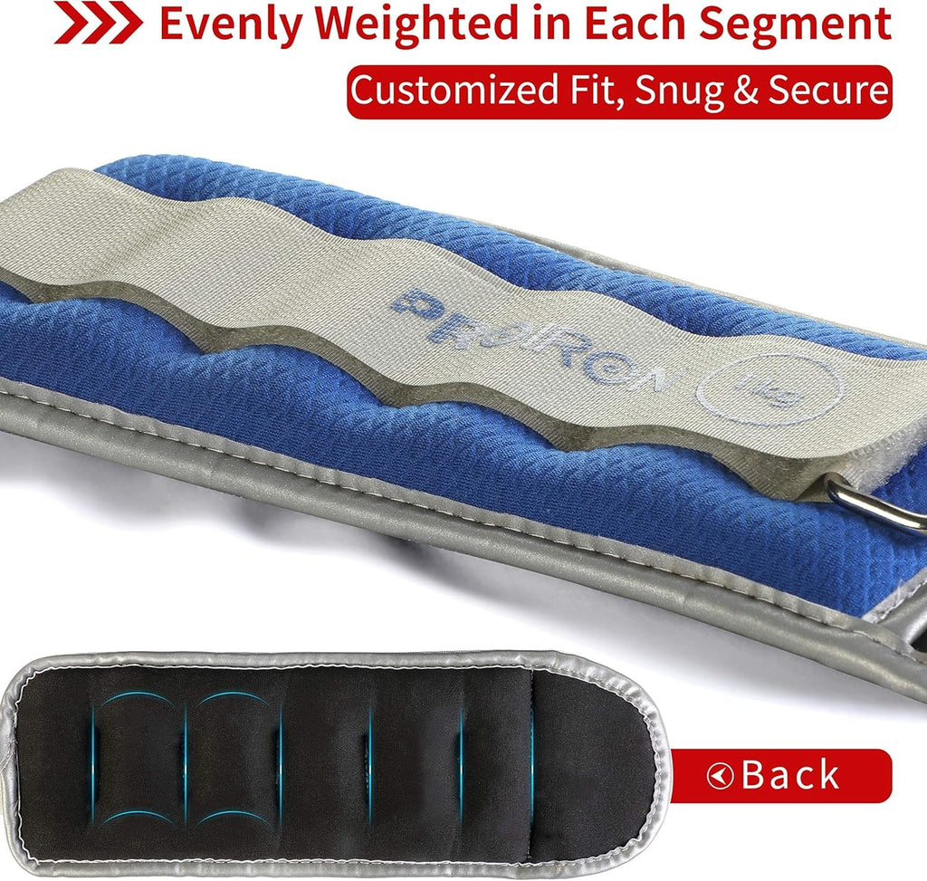 Blue PROIRON wrist and ankle weights, 1 kg each: Segmented compartments and fastening strap