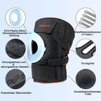 Black knee support construction and materials with German labels