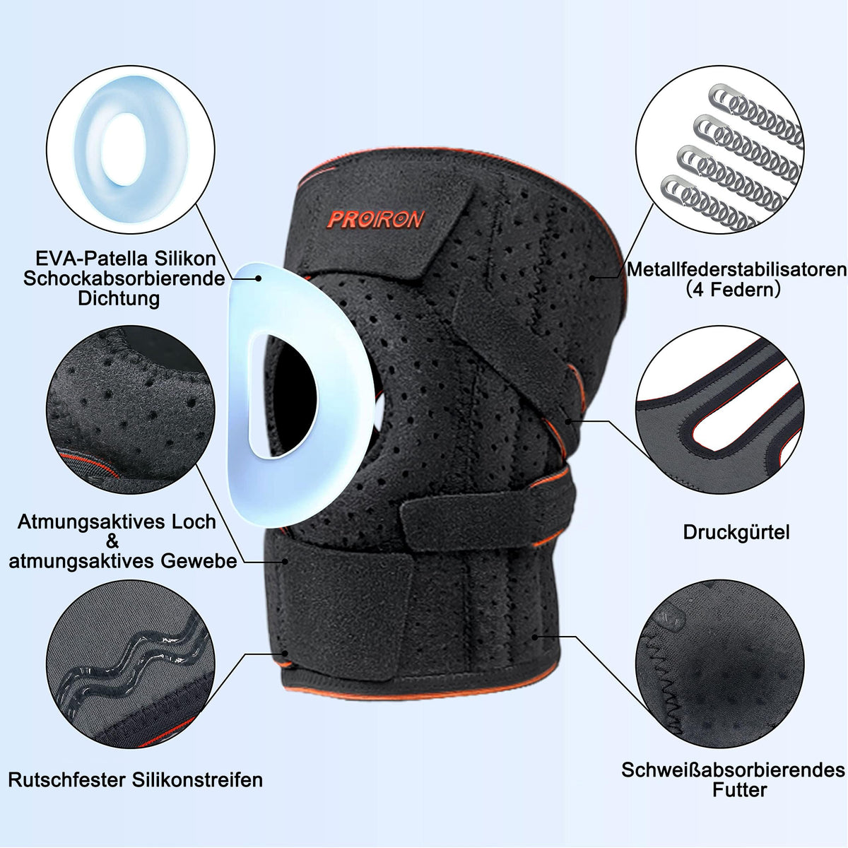 Black knee support construction and materials with German labels