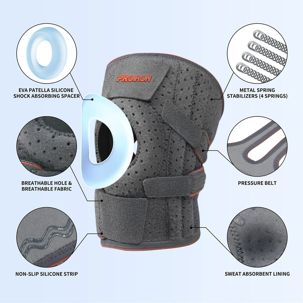Grey knee support construction, perforated fabric, straps and silicone strips