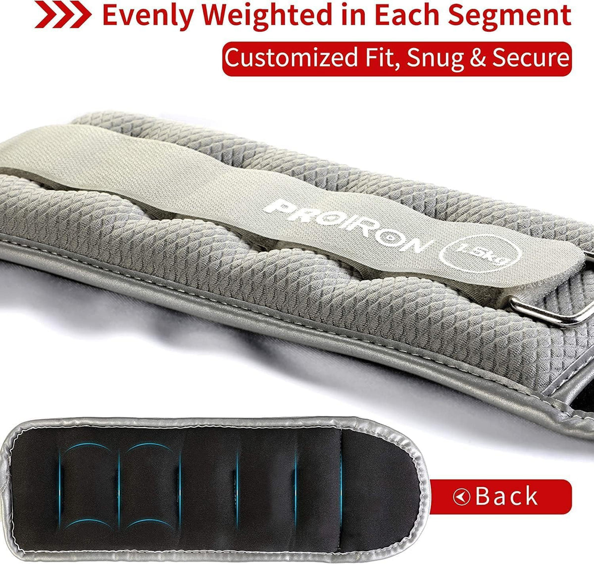 Grey PROIRON wrist and ankle weights, 1.5 kg each: Segmented compartments and fastening strap