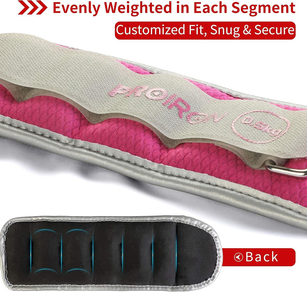 Pink PROIRON wrist and ankle weights, 0.5 kg each: Segmented compartments and fastening strap