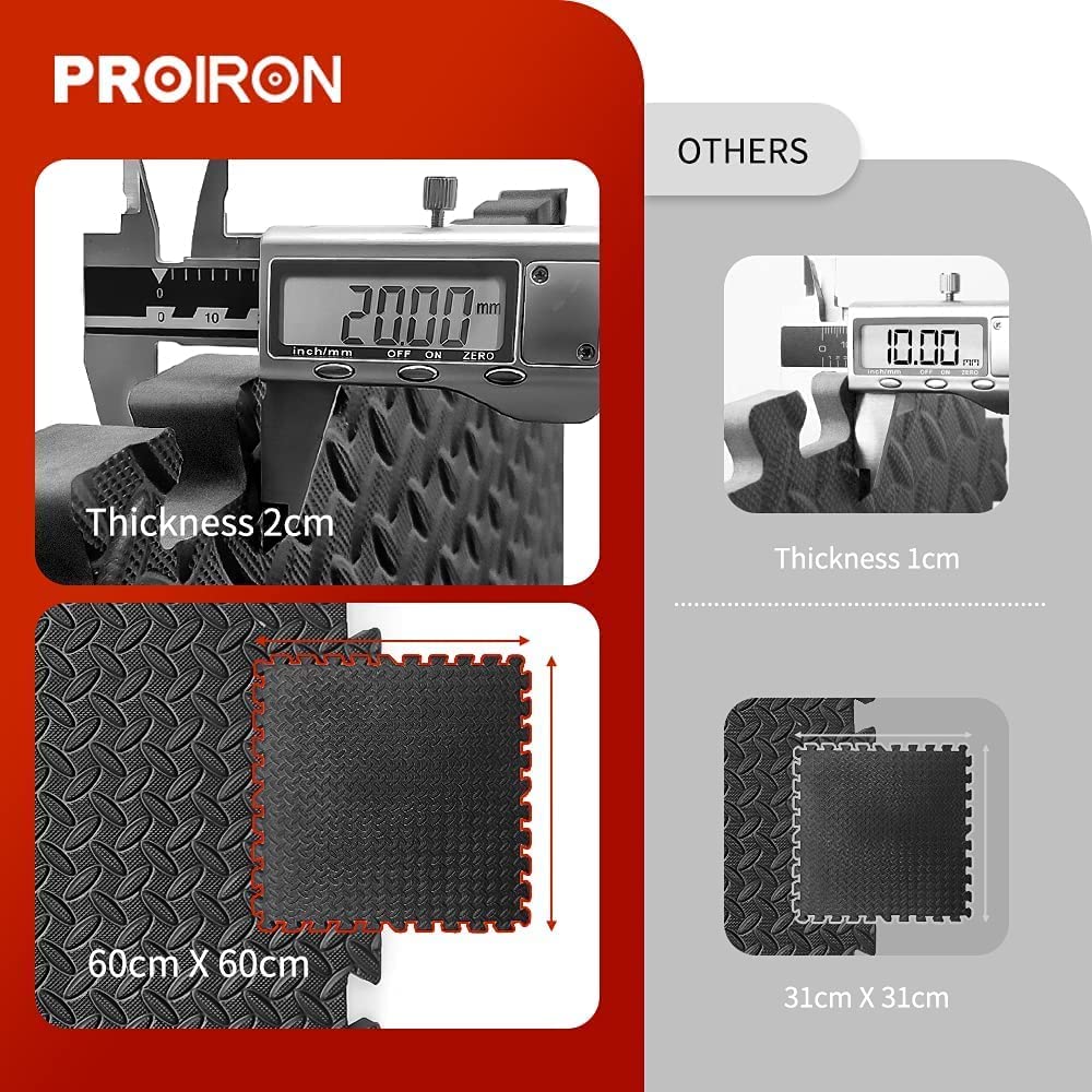 PROIRON 2cm Thick Puzzle Gym Mat, High-Density EVA Foam Flooring, 61x61cm (6 Pieces, 2.16m²), Black
