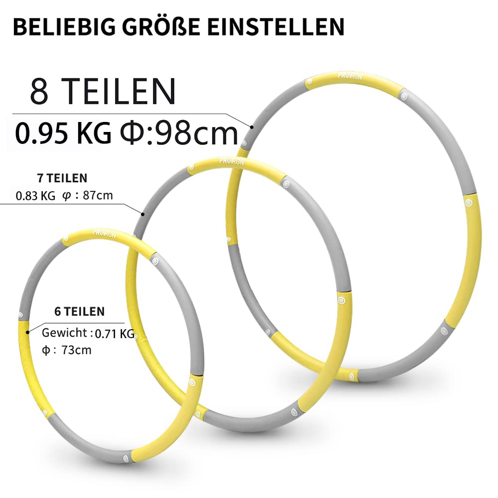 Yellow and grey PROIRON 0.95 kg hoop assembly sizes and section weights