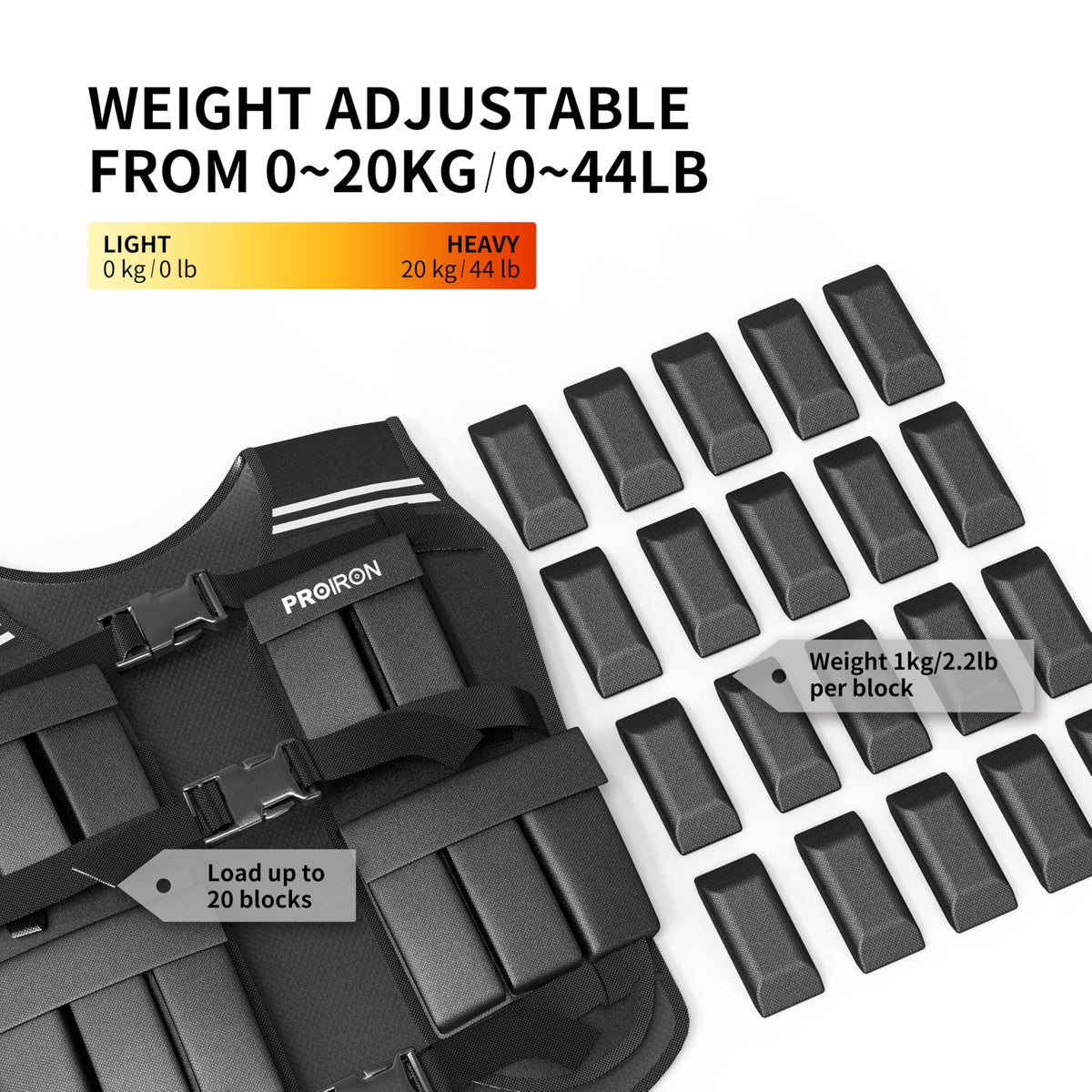 PROIRON weighted vest with twenty removable 1 kg weight bags