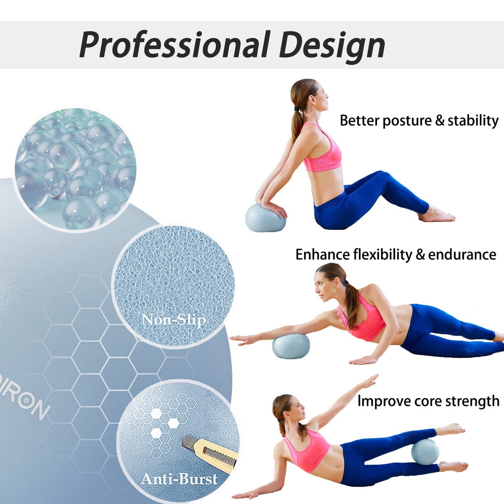 PROIRON 25cm blue Pilates ball – Textured surface and exercise examples
