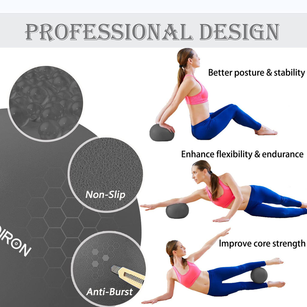 PROIRON 25cm black Pilates ball – Textured surface and exercise examples