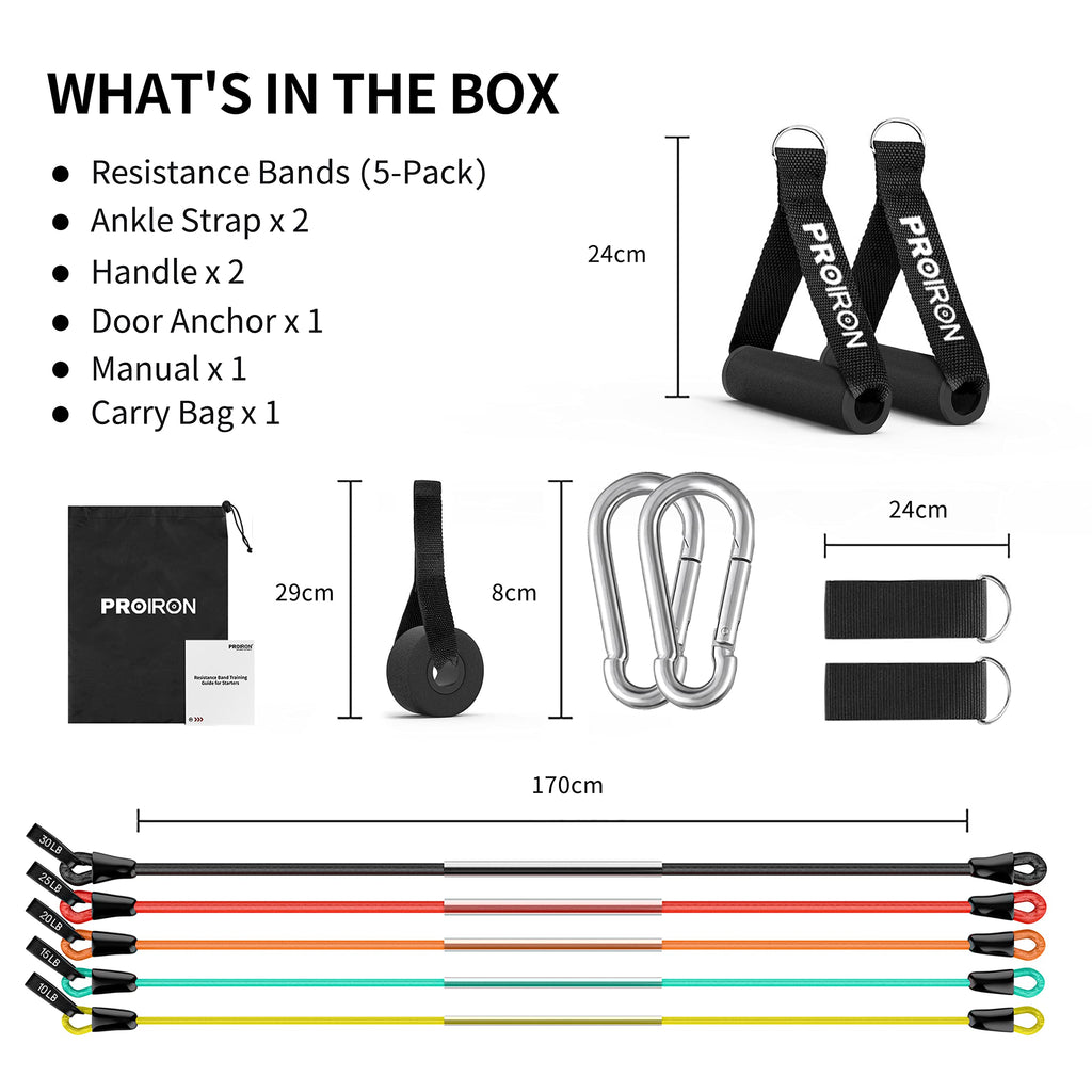 PROIRON Resistance Band Set - 5 Professional Tubes (100 lbs Total) with Handles & Door Anchor