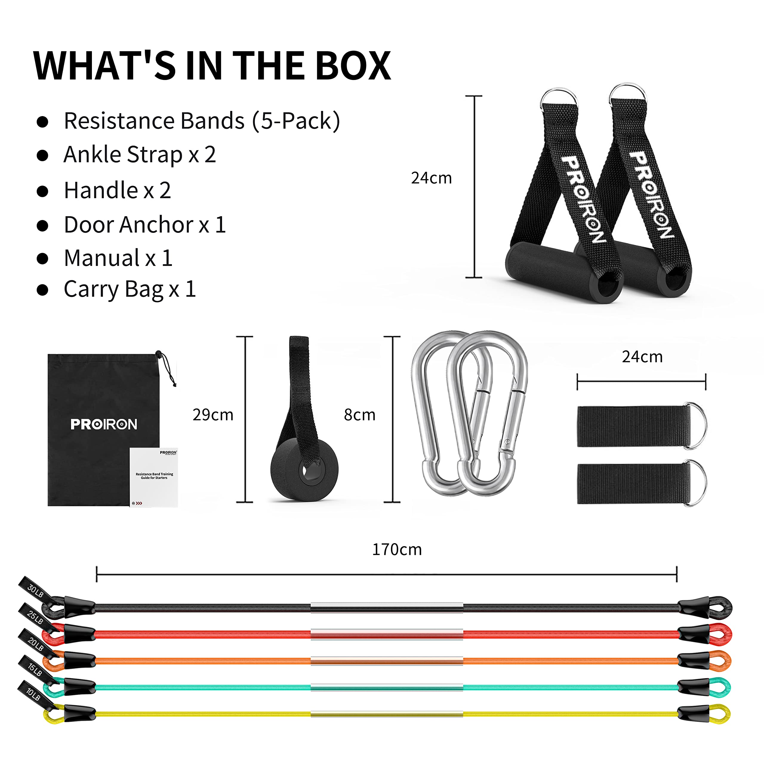 PROIRON Resistance Band Set - 5 Professional Tubes (100 lbs Total) with Handles & Door Anchor