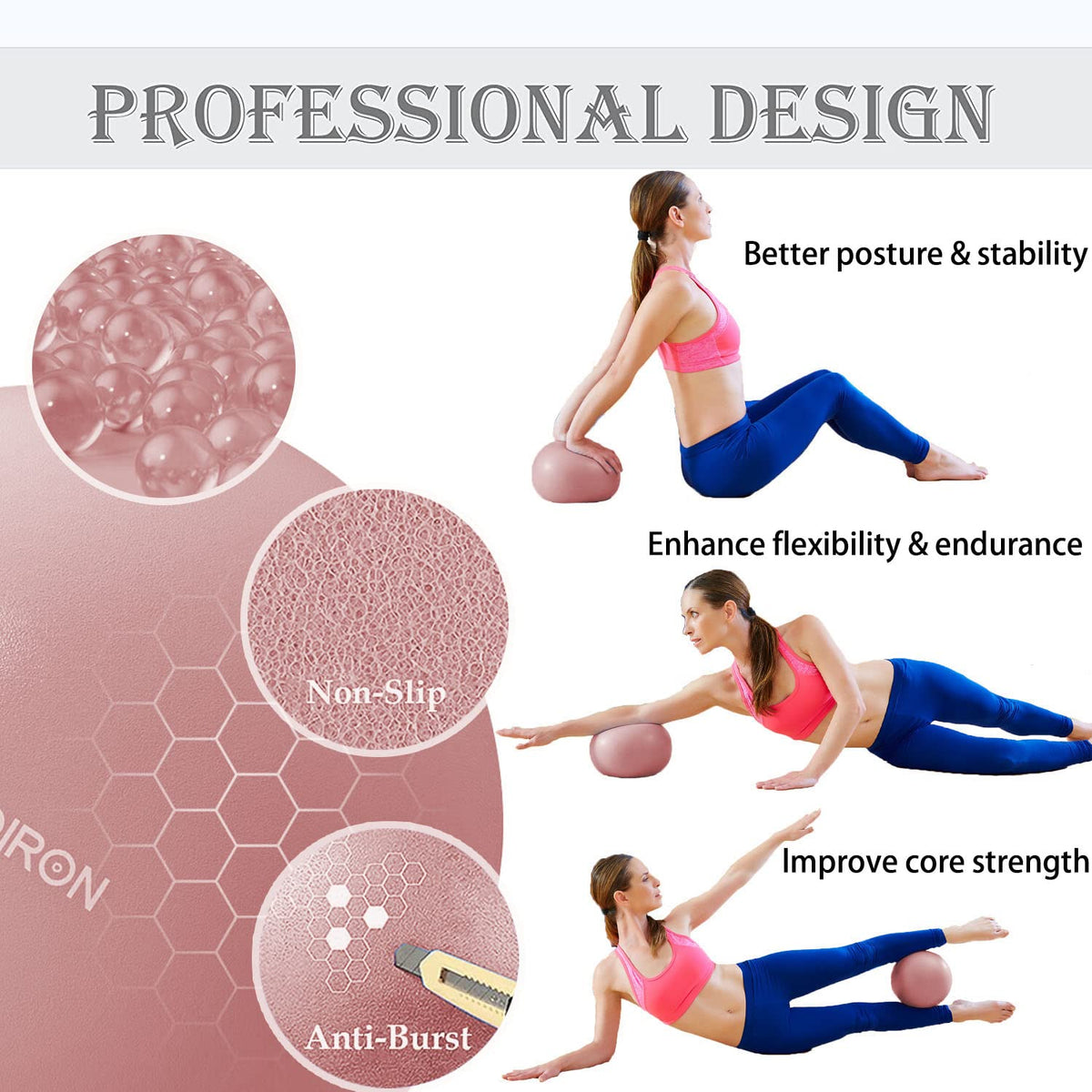 PROIRON 25cm pink Pilates ball – Textured surface and exercise examples