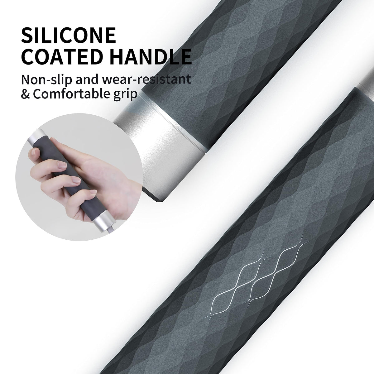 Textured silicone covering on the black aluminium jump rope handles