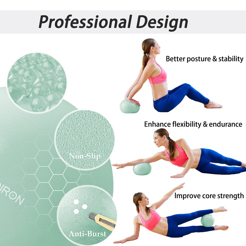 PROIRON 25cm green Pilates ball – Textured surface and exercise examples