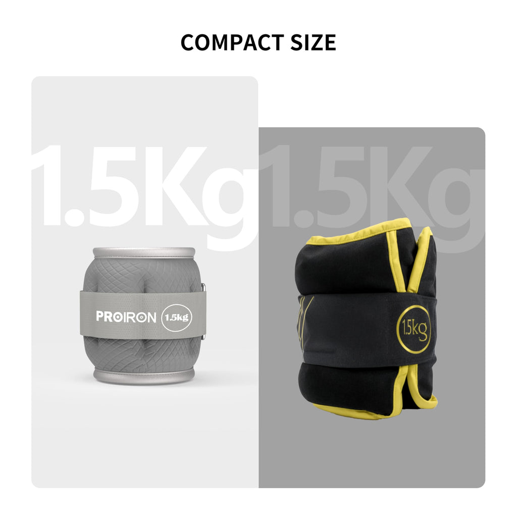 Grey PROIRON wrist and ankle weights, 1.5 kg each: Compact 1.5 kg weight design