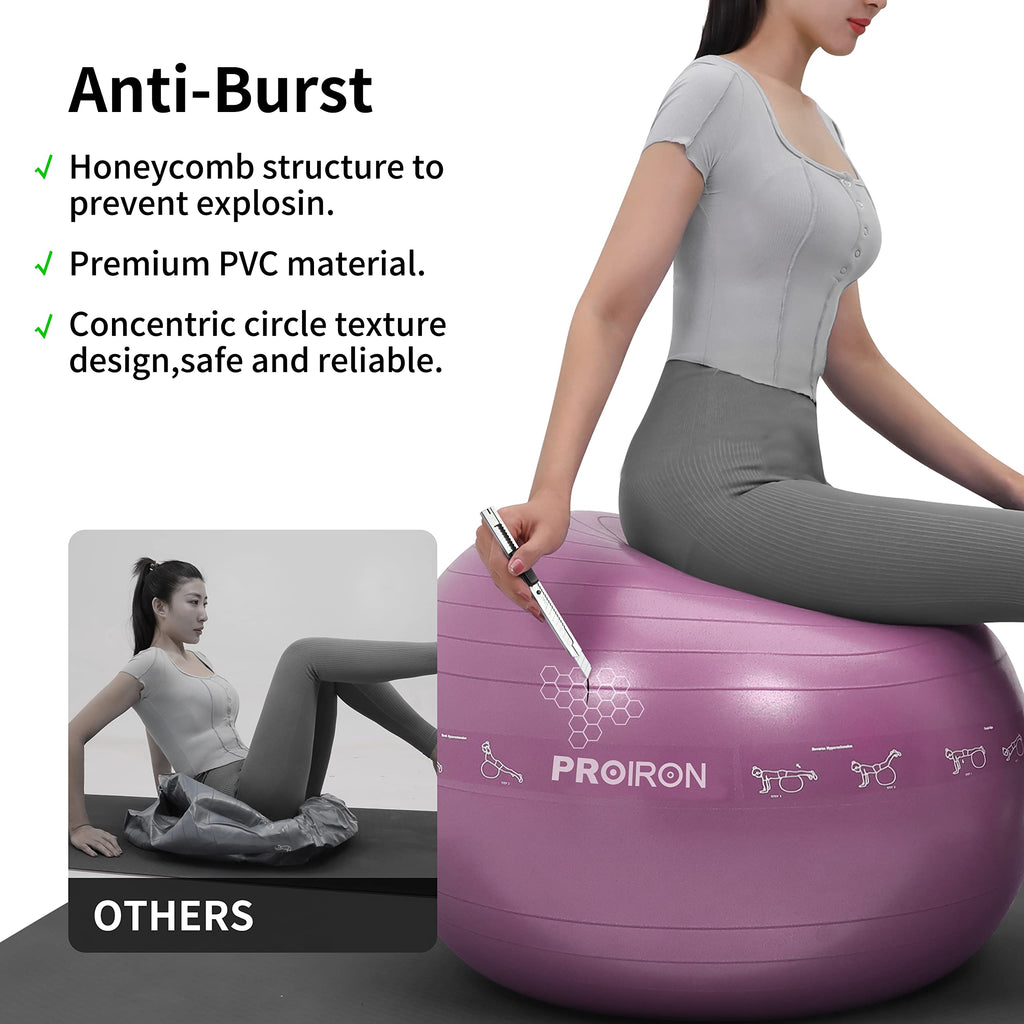 PROIRON Anti-Burst Yoga Ball with 18+ Printed Postures (65cm/75cm)