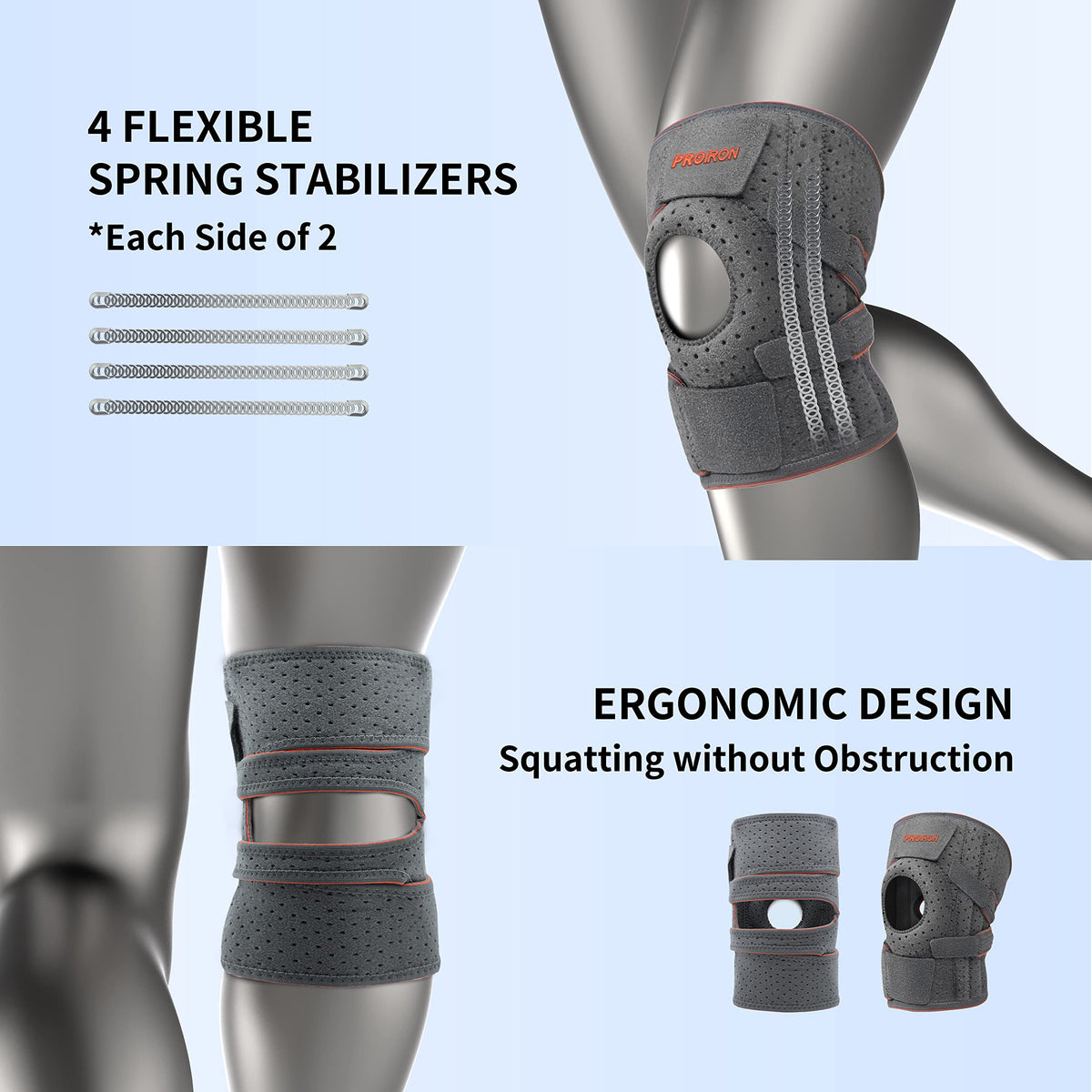 Four flexible side springs and wraparound knee support design