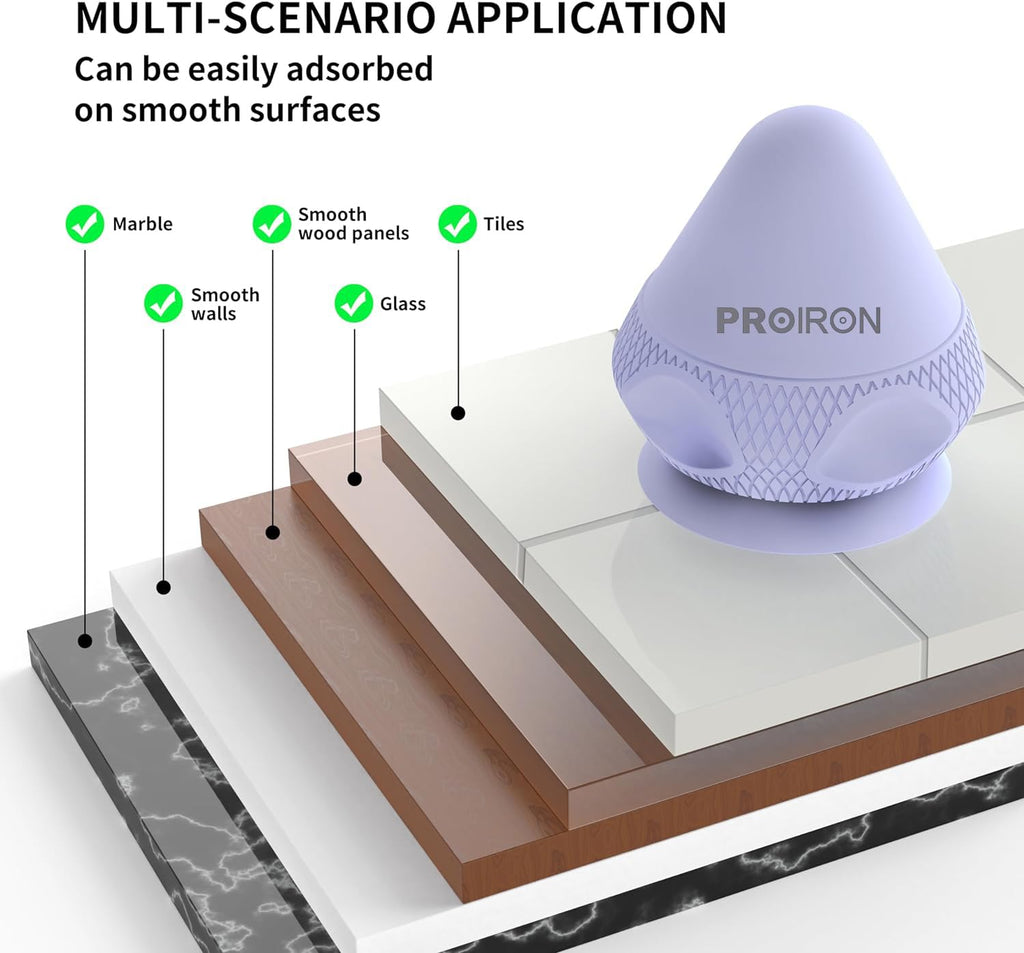 Purple PROIRON massage ball with suction base and examples of smooth mounting surfaces