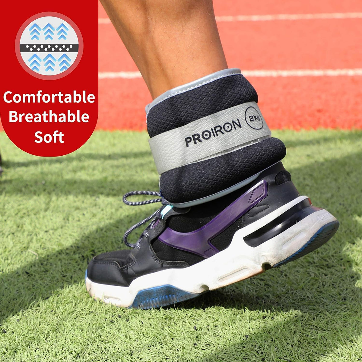 Black PROIRON wrist and ankle weights, 2 kg each: Fabric covering and ankle fit