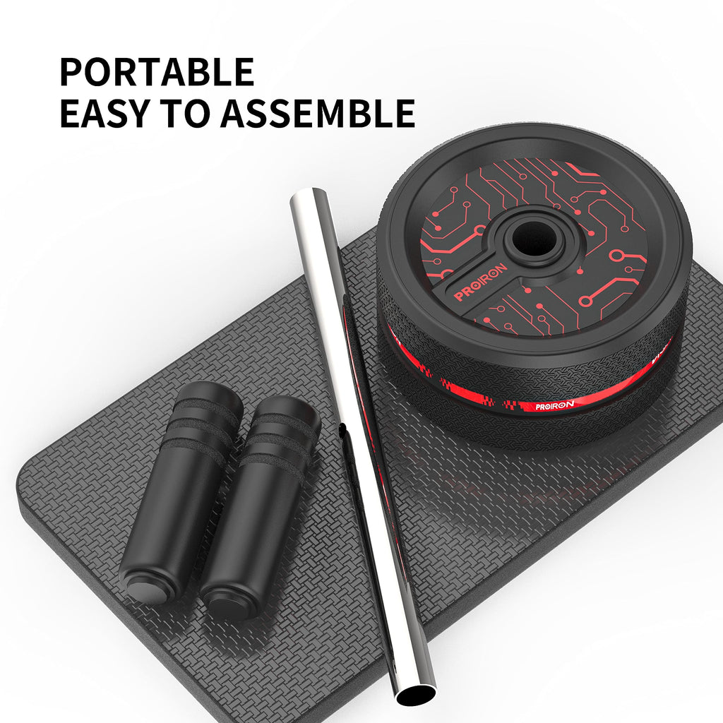 Disassembled PROIRON ab roller wheel, steel axle and foam handles