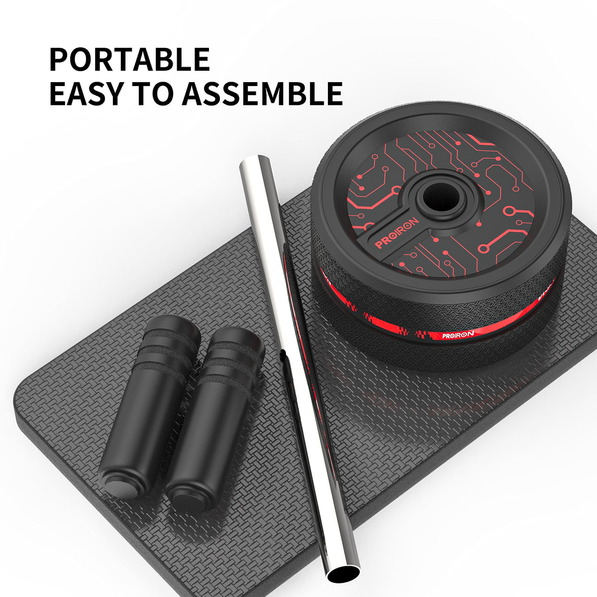 Disassembled PROIRON ab roller wheel, steel axle and foam handles