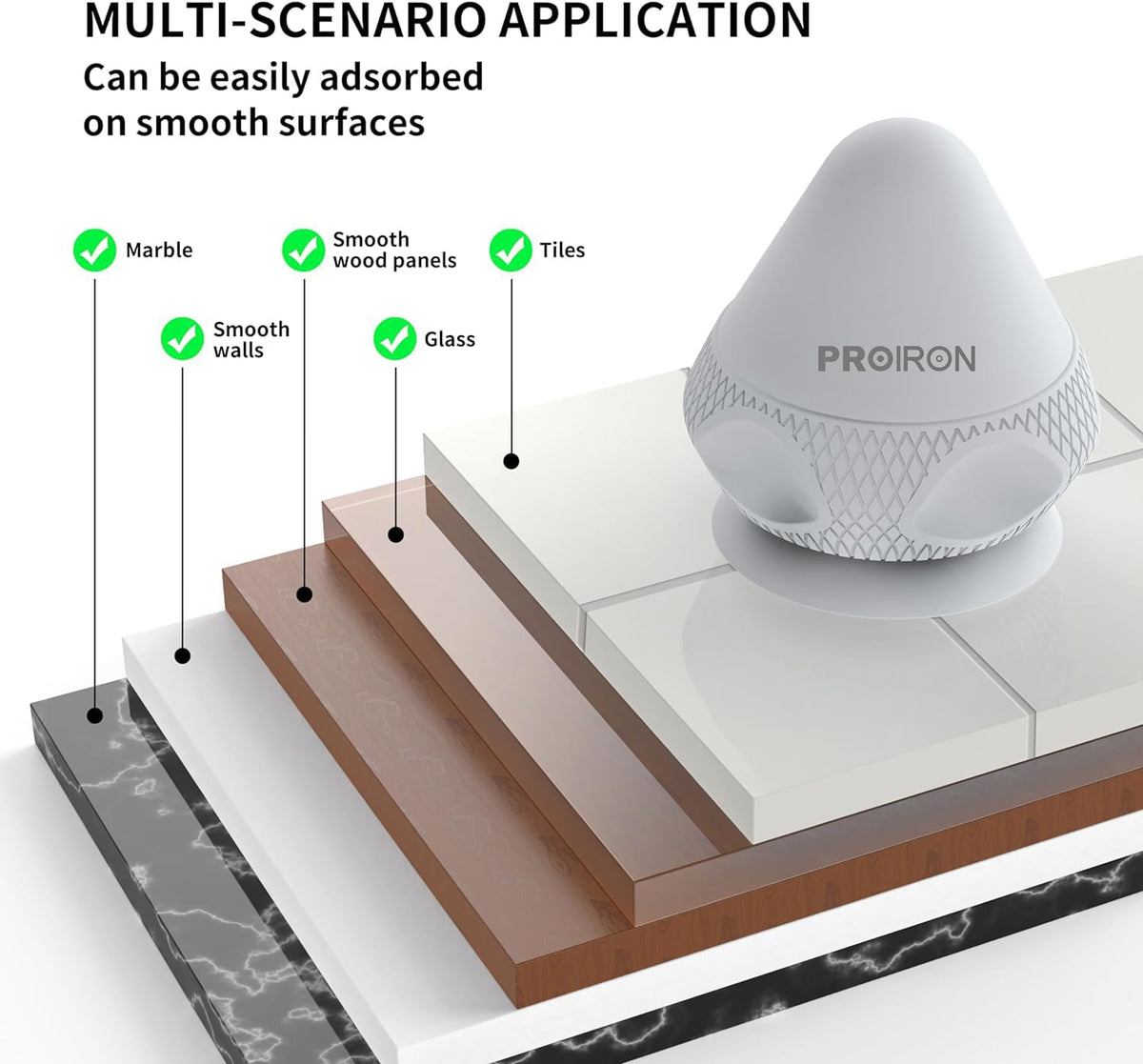 Grey PROIRON massage ball with suction base and examples of smooth mounting surfaces