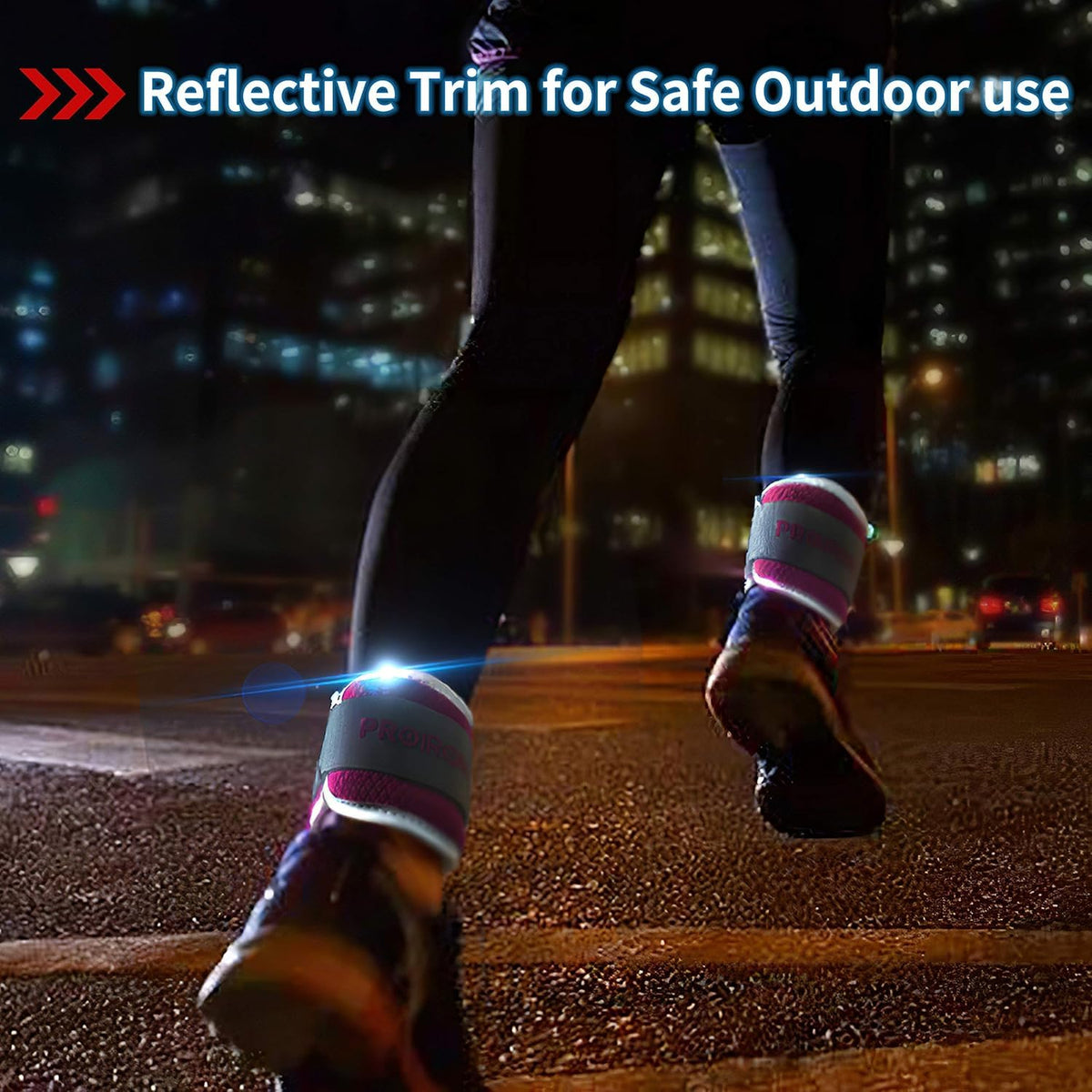 Black PROIRON wrist and ankle weights, 2 kg each: Reflective trim illuminated in low light