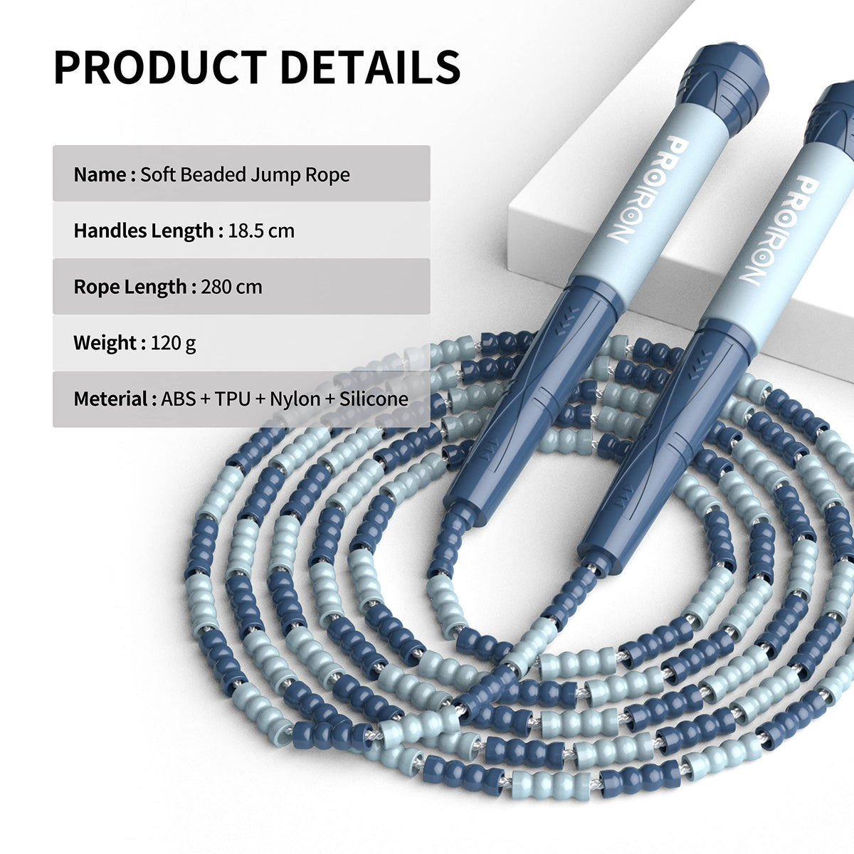 Blue PROIRON jump rope specifications: 2.8 m rope, 18.5 cm handles and 120 g weight