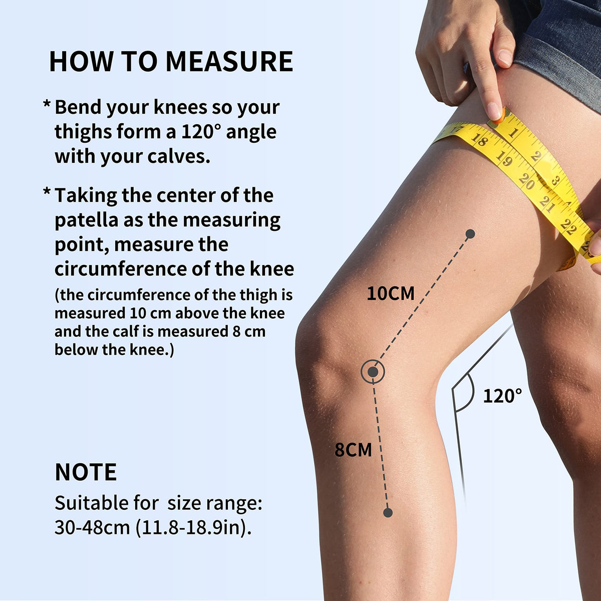Knee support measuring guide for the 30–48 cm size range