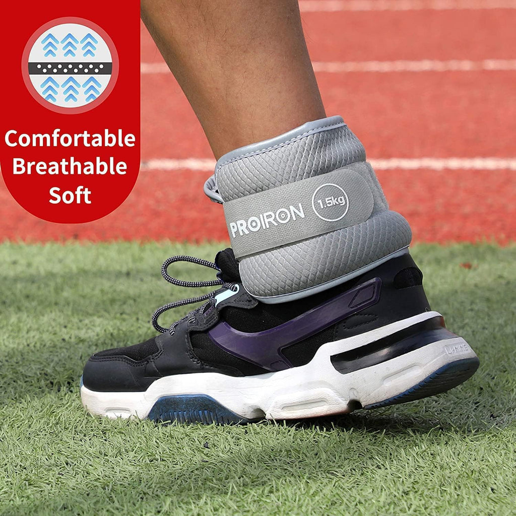 Grey PROIRON wrist and ankle weights, 1.5 kg each: Fabric covering and ankle fit