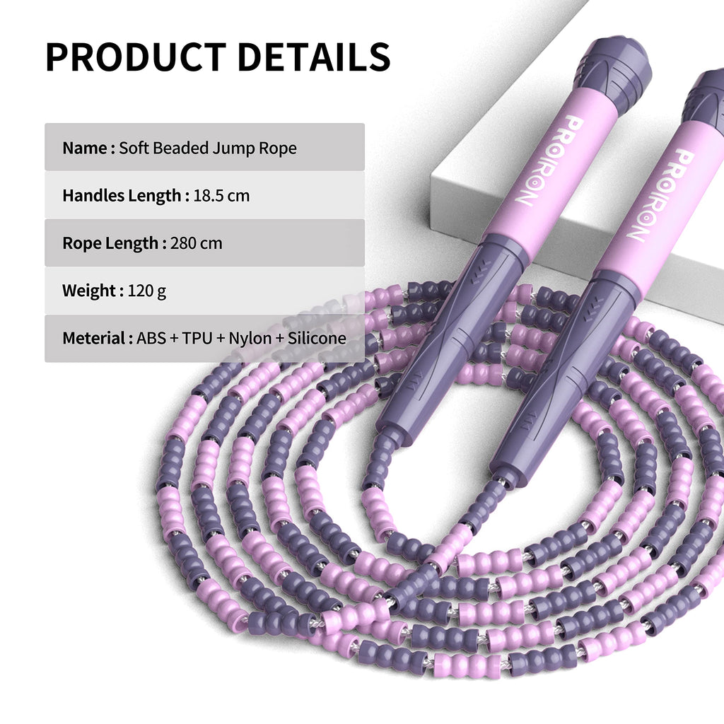 Pink and purple PROIRON jump rope specifications: 2.8 m rope, 18.5 cm handles and 120 g weight