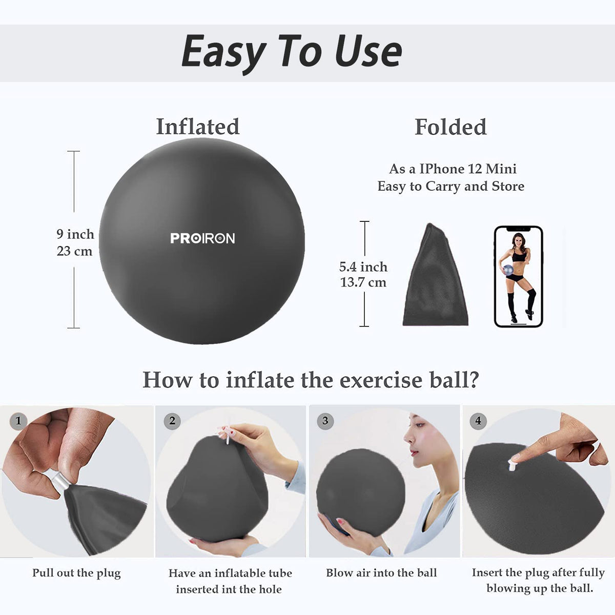 PROIRON 25cm black Pilates ball – 25cm ball dimensions and inflation instructions